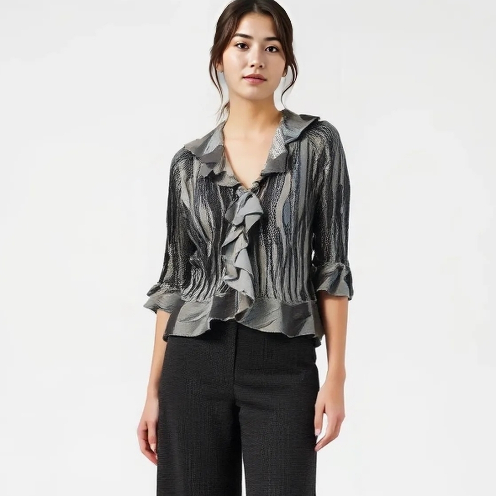 Vintage PIANO Metallic Silver Ruffle Blouse Sequin Embroidery Detail